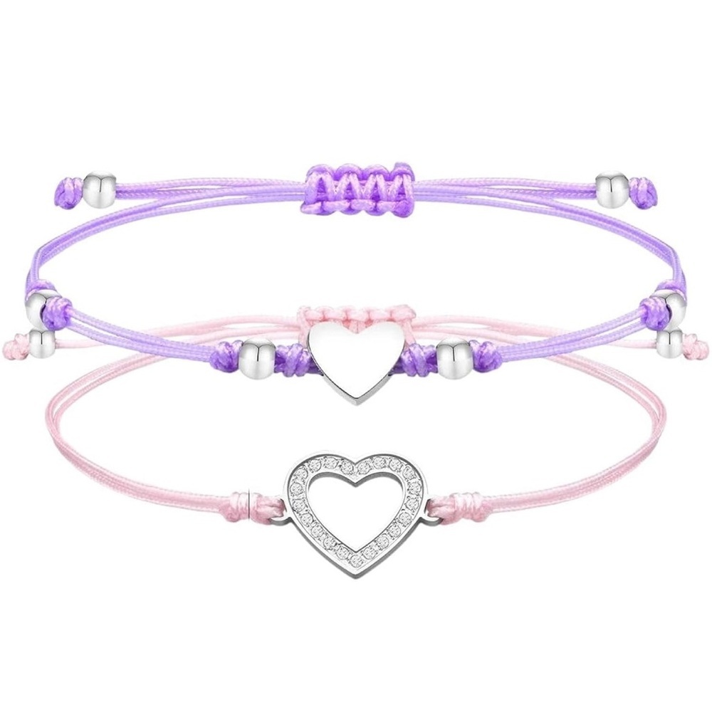 Mother Daughter Heart Charm Bracelet Set | Pink and Purple | New w/ Velvet Bag